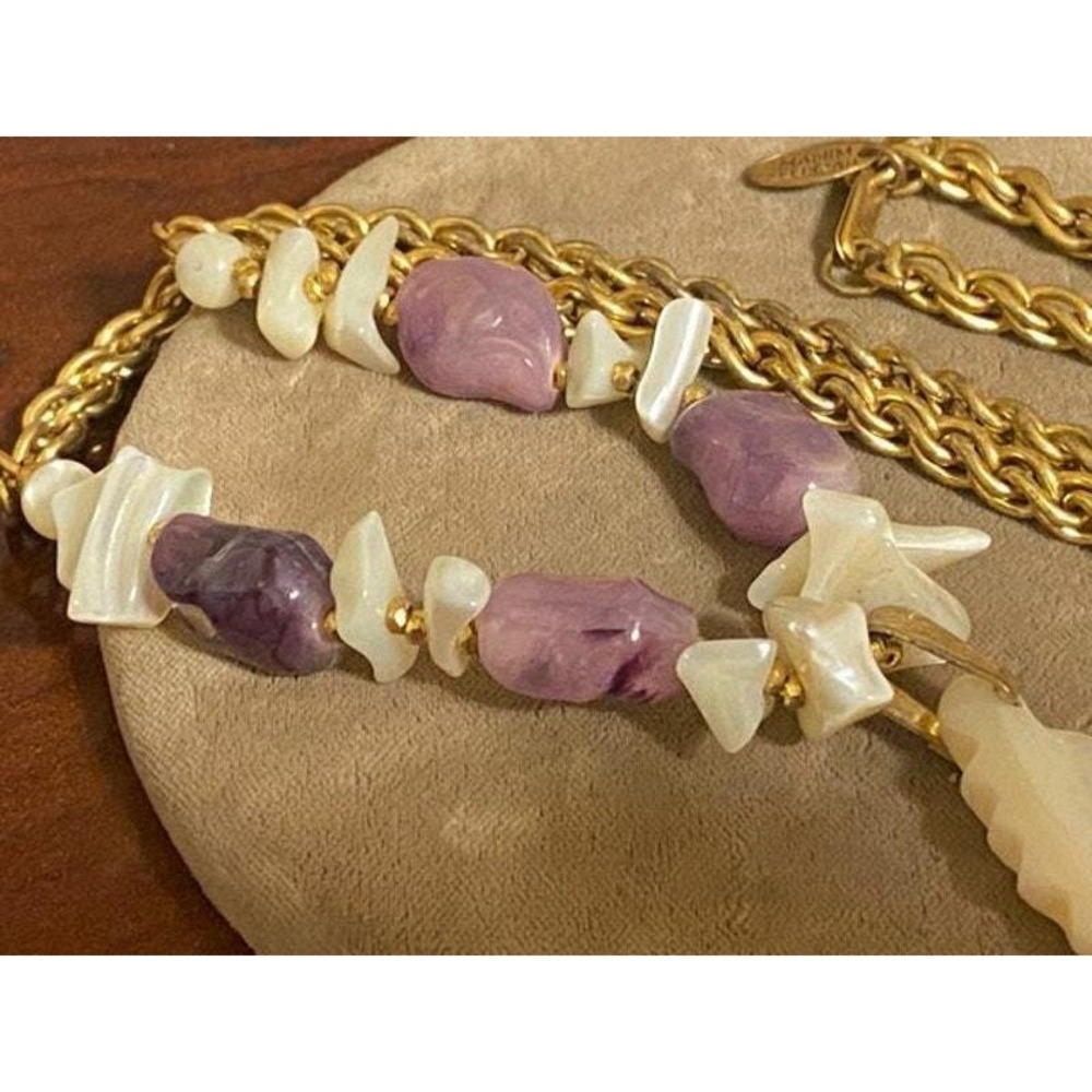 Miriam Haskell Goldtone Amethyst and MOP Shell Pendant Necklace 23" - Picture 3 of 8